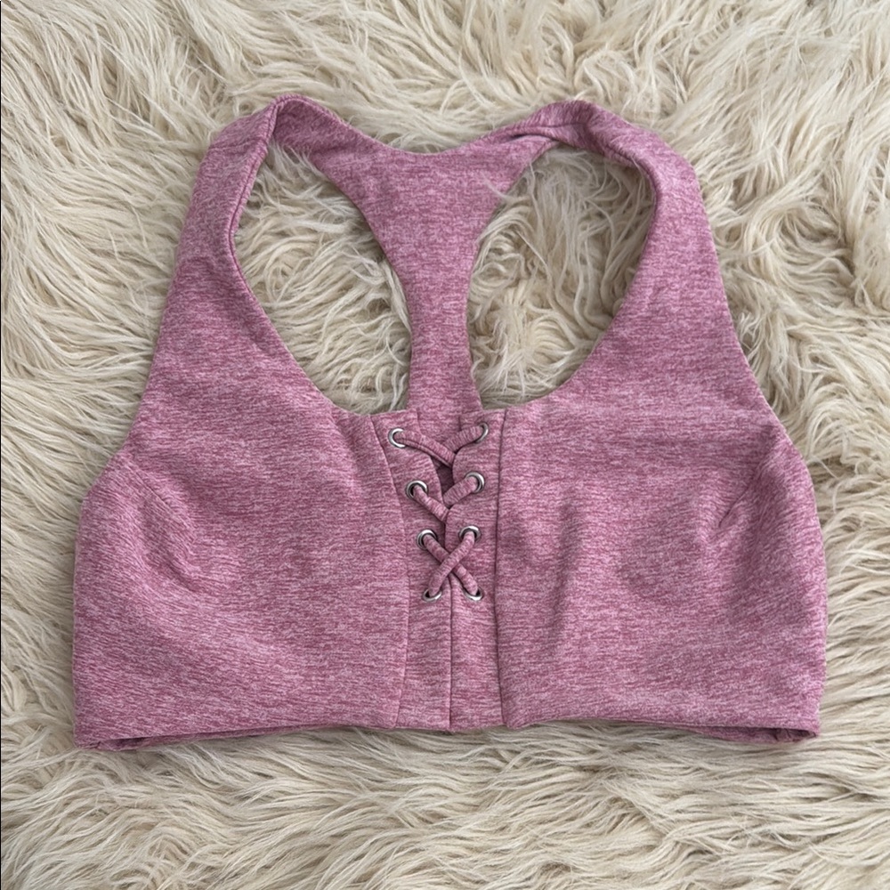 Bombshell Sportswear Pink Racerback Sports Bra with Lace-Up Detail